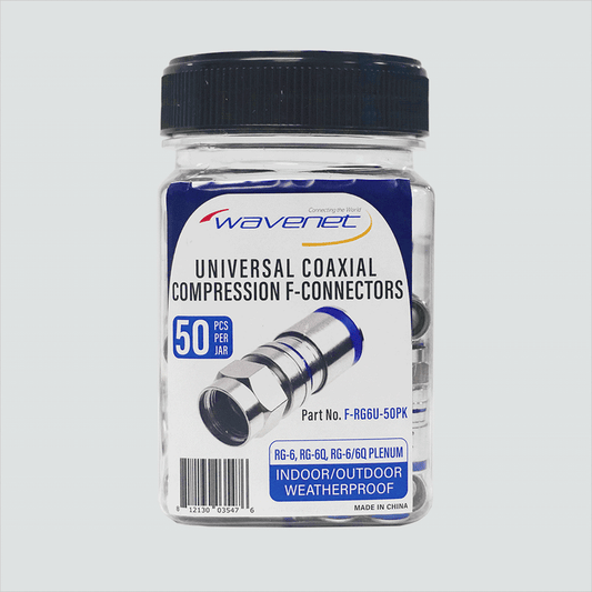 Wavenet F-RG6U-50PK F-type compression connectors in a 50-piece jar