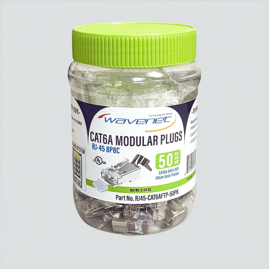 Wavenet RJ45-CAT6AFTP-50PK CAT6A shielded plugs in a green-cap 50-piece jar