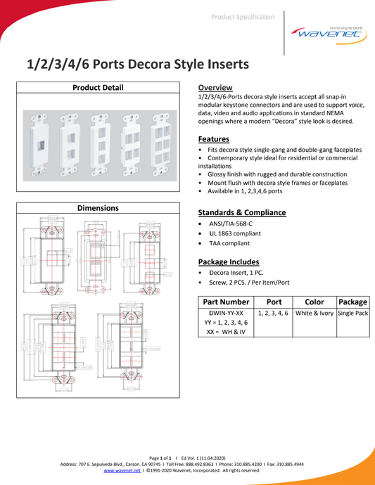 Manufacturer specification preview shows white examples in several port counts; it is not an exact Ivory product photograph. This listing supplies one ivory 3-port decorator insert.