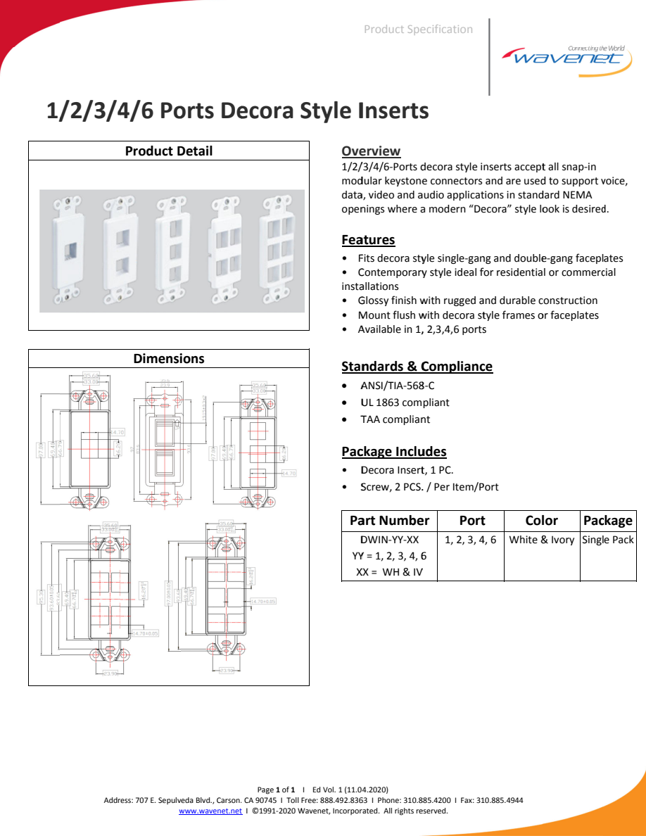 Manufacturer specification preview shows white examples in several port counts; it is not an exact Ivory product photograph. This listing supplies one ivory 6-port decorator insert.