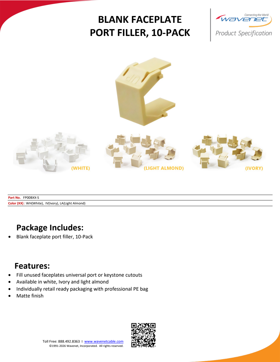Manufacturer blank-module specification preview shows multiple examples; it is not an exact product photograph. This listing supplies 10 light almond blank port fillers.