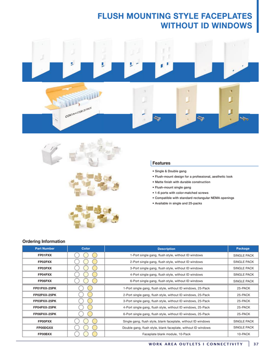 Manufacturer catalog preview shows several faceplate examples, colors and package sizes; it is not an exact product photo. This listing supplies 1 ivory 4-port faceplate.