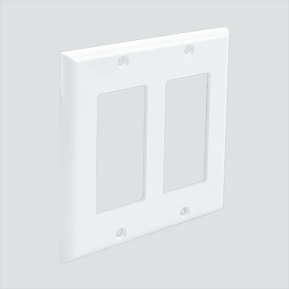 Manufacturer photo shows a white double-gang decorator outer wall plate. This listing supplies one Ivory item; the photo illustrates the form, not the selected color.
