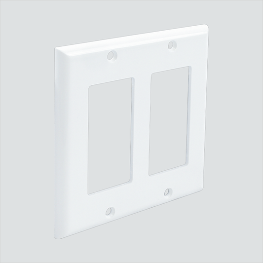 Manufacturer photo shows a white double-gang decorator outer wall plate. This listing supplies one Ivory item; the photo illustrates the form, not the selected color.