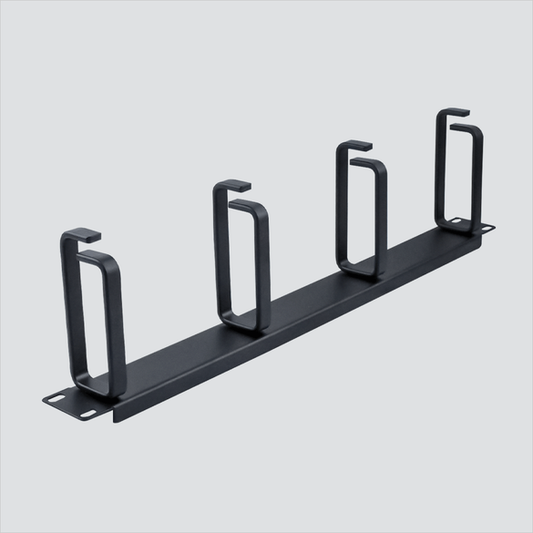 Manufacturer photo of Wavenet HCM1901-4, a black single-sided 1U four-ring metal cable manager. One manager per sale; cables and rack equipment are not included.