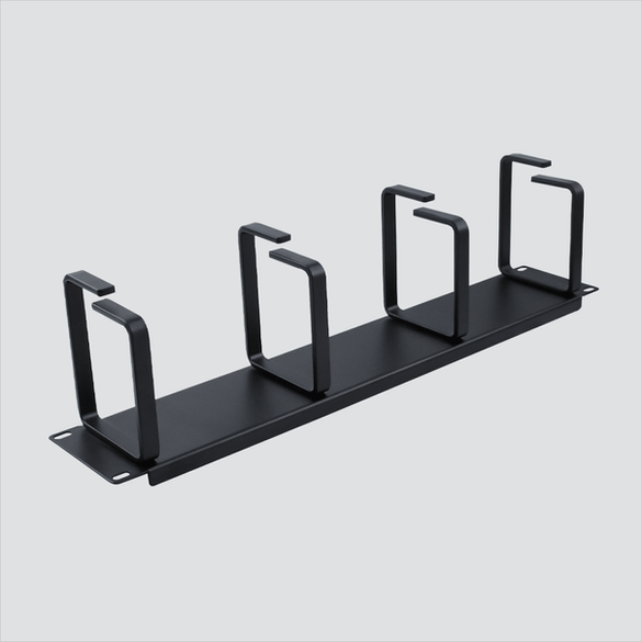 Manufacturer photo of Wavenet HCM1902-4, a black single-sided 2U four-ring metal cable manager. One manager per sale; cables and rack equipment are not included.