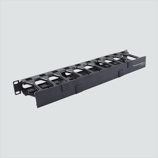 Manufacturer photo of Wavenet MDH-SSW-1U, a black single-sided 1U high-density horizontal cable manager with one hinged cover. One manager per sale; cables and rack equipment are not included.