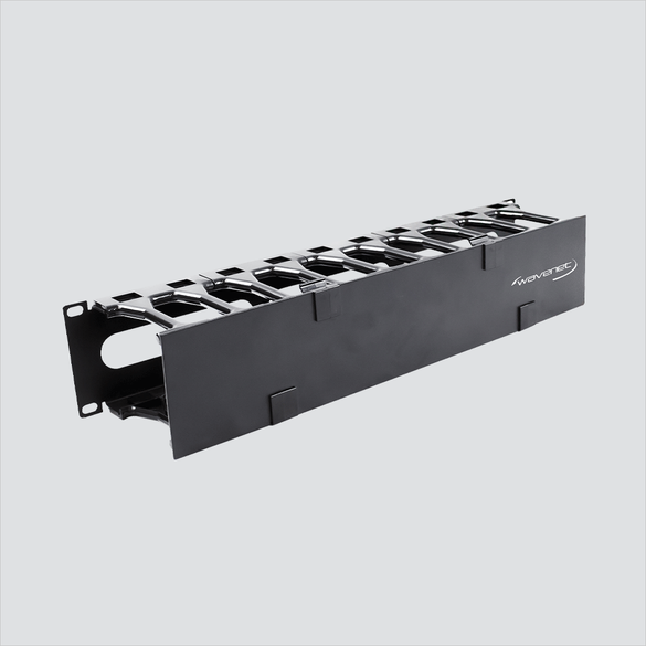 Manufacturer photo of Wavenet MDH-SSW-2U, a black single-sided 2U high-density horizontal cable manager with one hinged cover. One manager per sale; cables and rack equipment are not included.