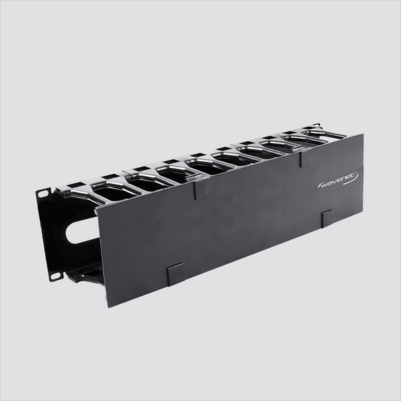 Manufacturer photo of Wavenet MDH-SSW-3U, a black single-sided 3U high-density horizontal cable manager with one hinged cover. One manager per sale; cables and rack equipment are not included.