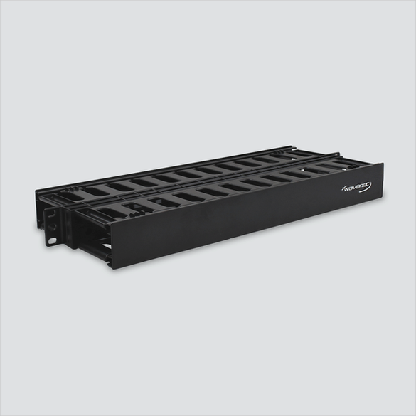Manufacturer photo of Wavenet PDH-DS-1U, a black double-sided 1U horizontal finger-duct cable manager with 2 covers. One manager per sale; cables and rack equipment are not included.