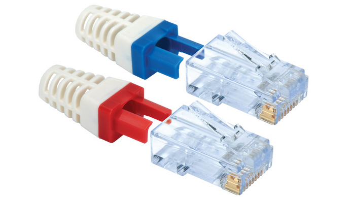 100 011LW Category 6 EZ-RJ45 plugs in a 30-pack with Strain Relief