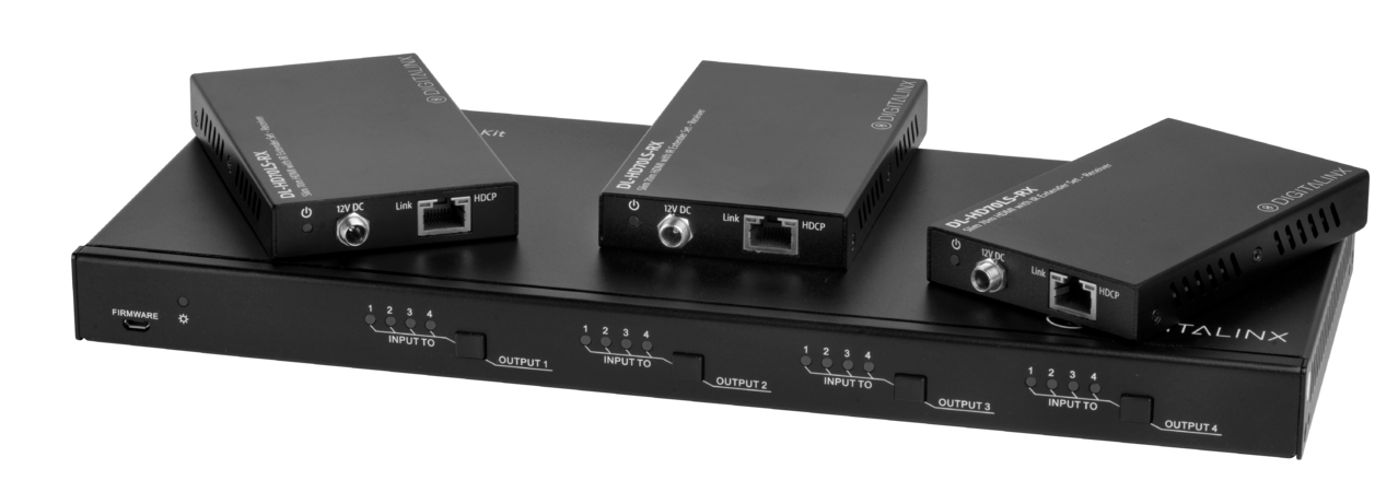 DL-44E-KIT 4X4 4K HDBT Matrix Switch kitted with 3 HDBaseT PoE receivers