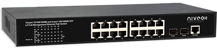 NGSME16T2H 16-port Gigabit Switch with Full L2 Management, plus 2 SFP open slot, and PoE Switch (200W)